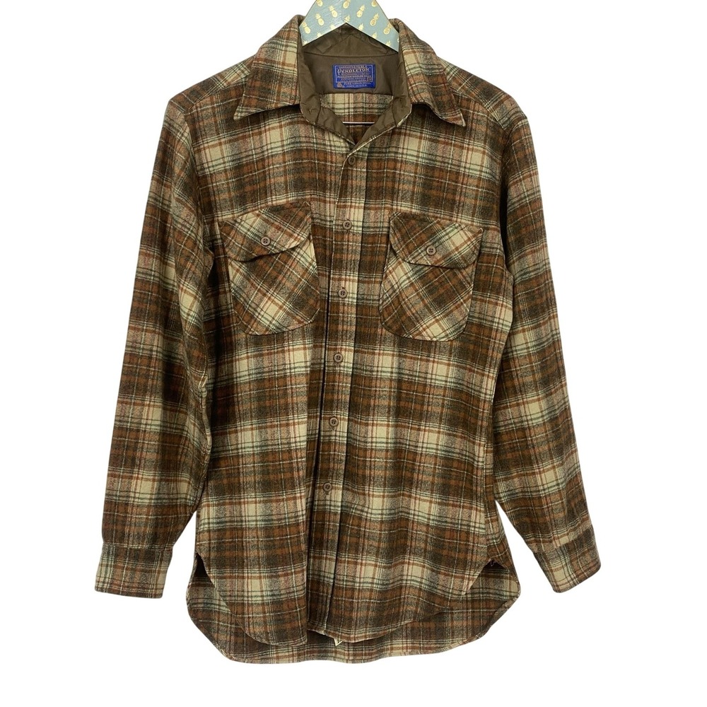 Vintage 70s Pendleton Wool Shirt Jacket Mens M Brown Plaid Quilted Lined USA